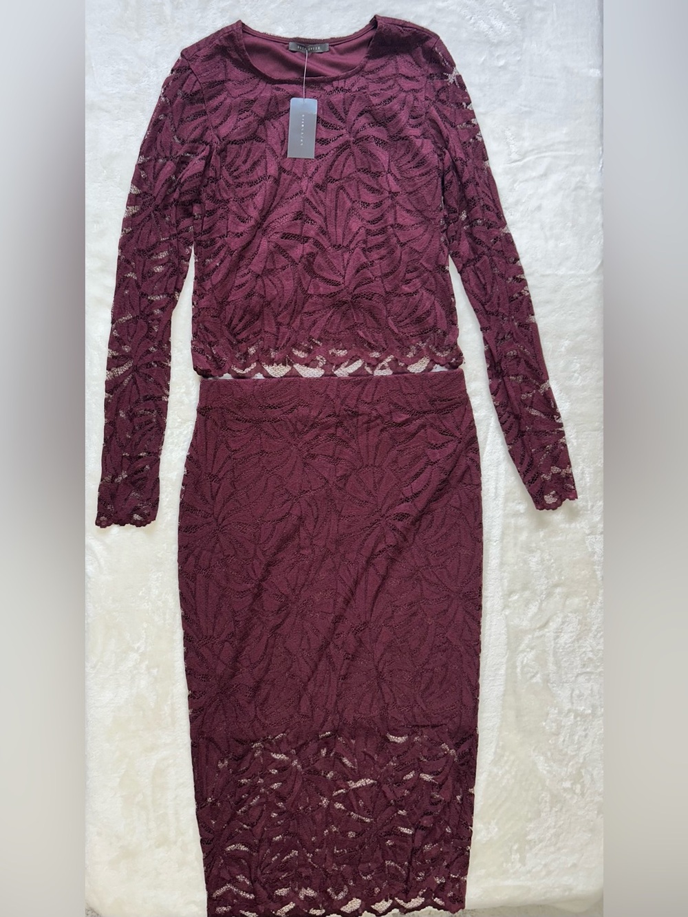 Women's Lace Pencil Skirt Set in Deep Burgundy NWT